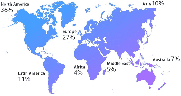 World map showing global client locations and distribution network