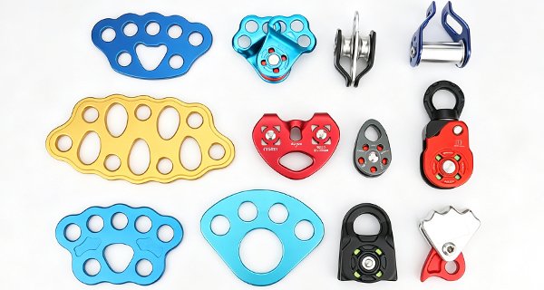 Rope pulleys and rigging plates for rescue and rope systems
