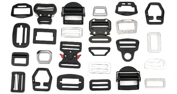Harness buckles, adjusters and friction buckles for safety harnesses